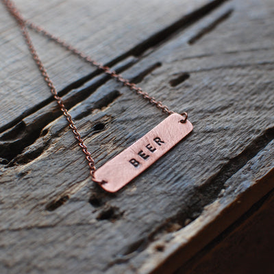 Recycled Copper Hand Stamped Beer Necklace