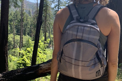 TORRAIN Recycled Bags, Designed in Portland, Oregon : Small backpack worn on the back of a woman in houndstooth colorway print